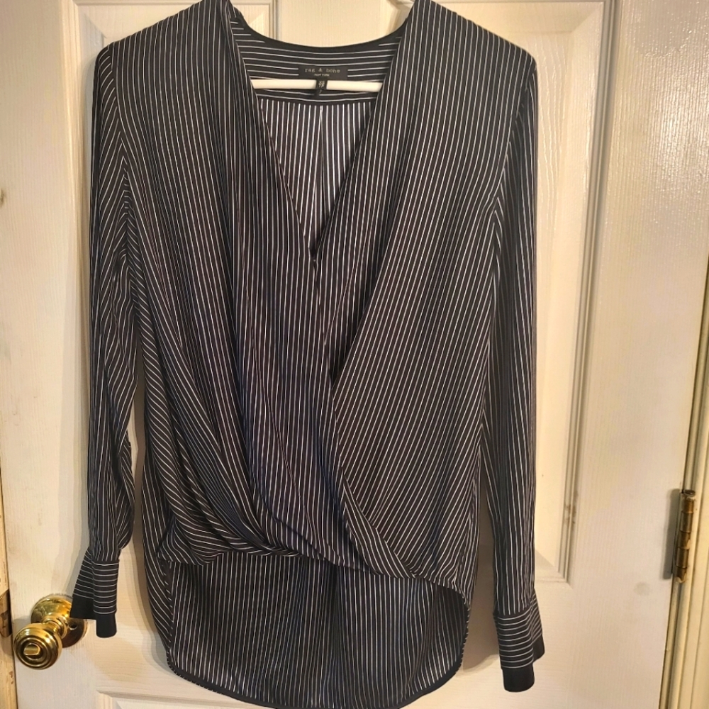 Rag & Bone Womens Victor Draped Silk Blouse XS Long Sleeve Black White Striped